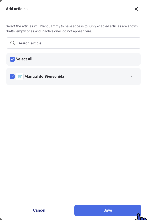 Add articles panel with the Manual de Bienvenida article selected