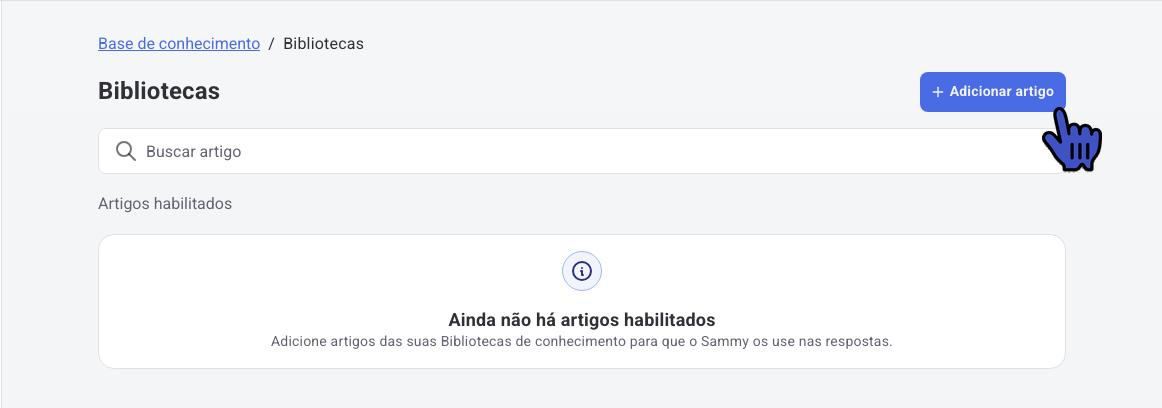 Tela Bibliotecas sem artigos habilitados e o botão Adicionar artigo