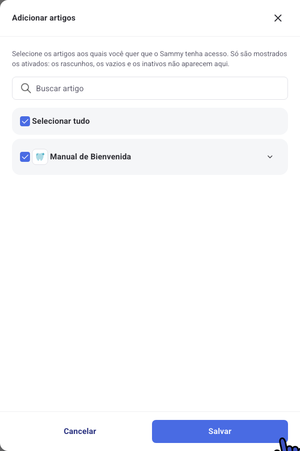 Painel Adicionar artigos com o artigo Manual de Bienvenida selecionado