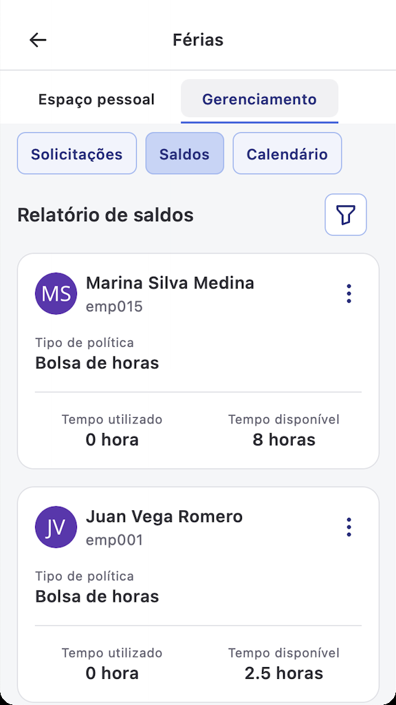 Relatório de saldos do banco de horas na aba Gerenciamento do Humand App
