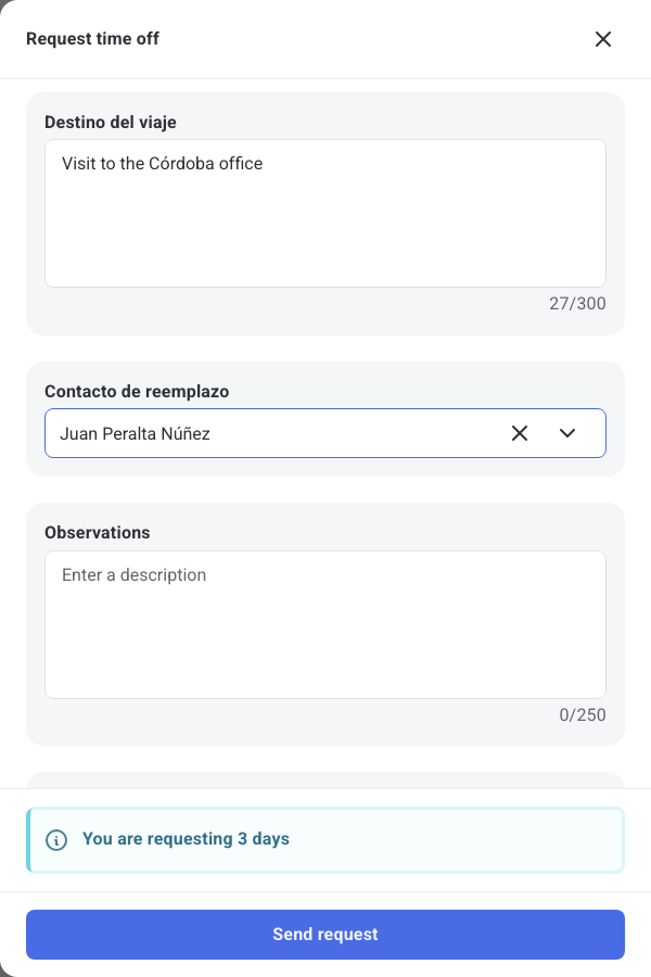 Time off request form with the two additional fields completed