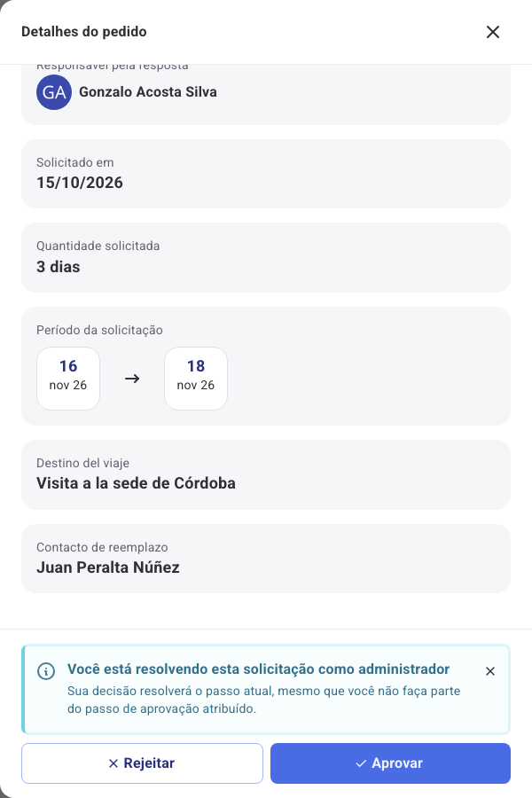 Detalhe da solicitação com as respostas aos campos adicionais