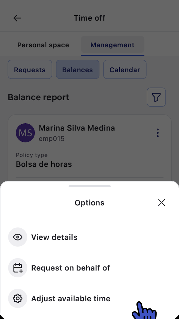 Options menu with the Adjust available time option