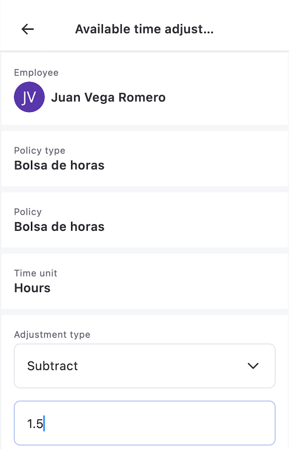 Available time adjustment form with the Subtract adjustment type and 1.5 hours