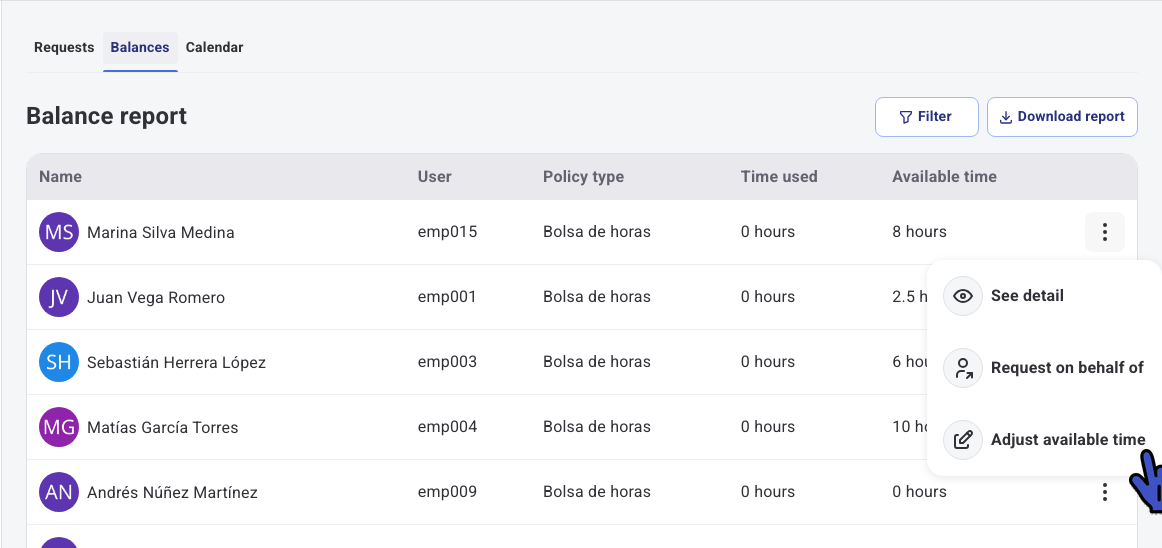 Balance report in Humand Web with the employee menu open and the Adjust available time option
