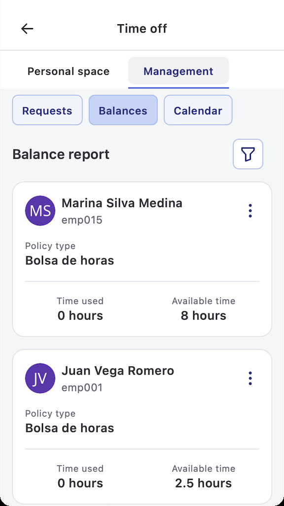 Hour bank balance report in the Management tab of Humand App