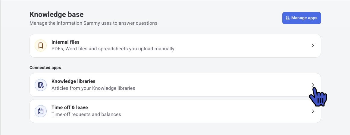 Sammy AI Knowledge base with Knowledge libraries under Connected apps