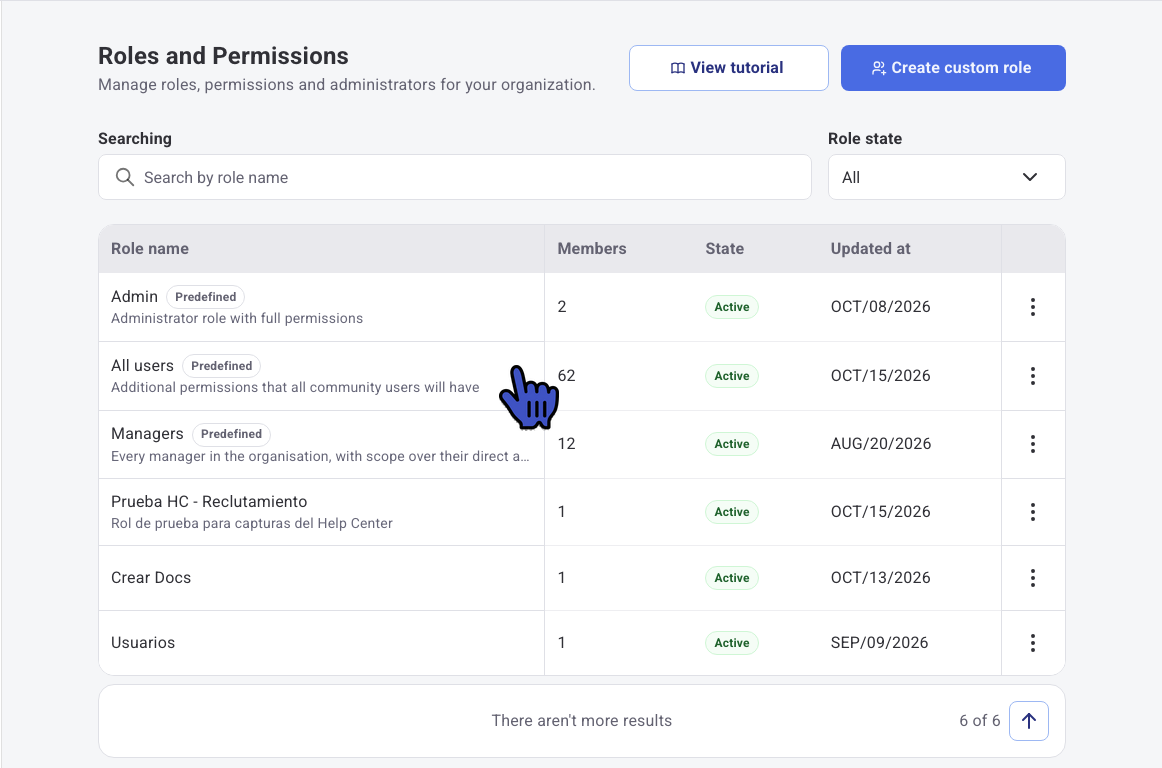 Roles and Permissions list with the All users role
