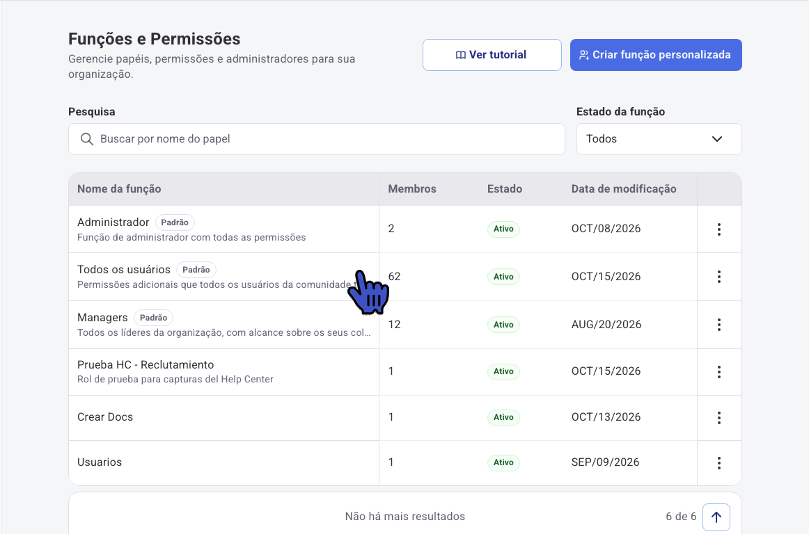 Lista de Funções e Permissões com a função Todos os usuários