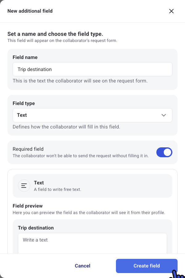 New additional field panel with the name Trip destination, Text type and Required field turned on
