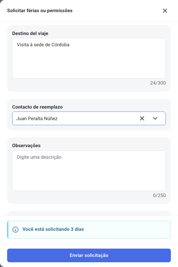 Formulário de solicitação de férias com os dois campos adicionais preenchidos
