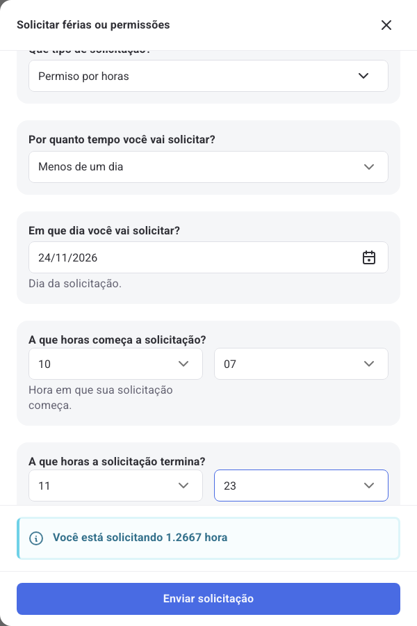 Solicitação de Permiso por horas das 10:07 às 11:23 com o aviso Você está solicitando 1.2667 hora