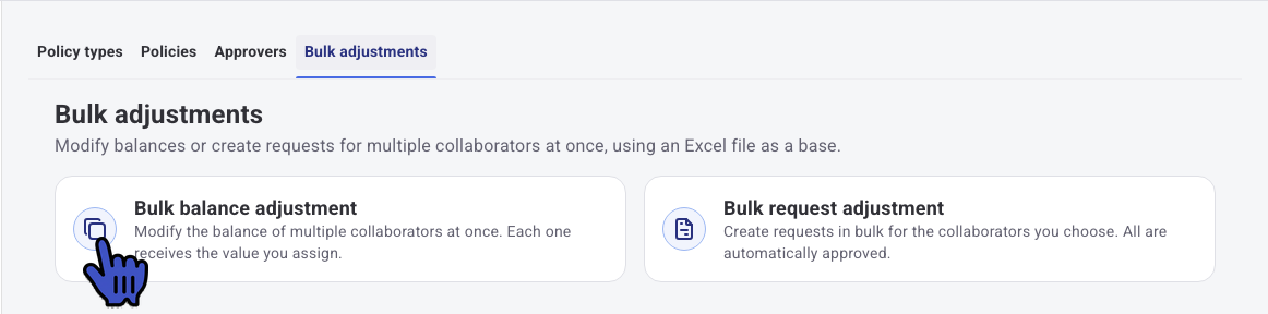 Bulk adjustments tab with the Bulk balance adjustment option