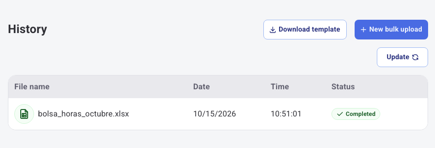 Bulk balance upload history with an upload in Completed status