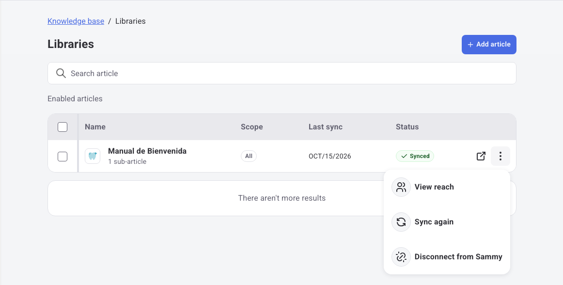 Article menu with the View reach, Sync again and Disconnect from Sammy options