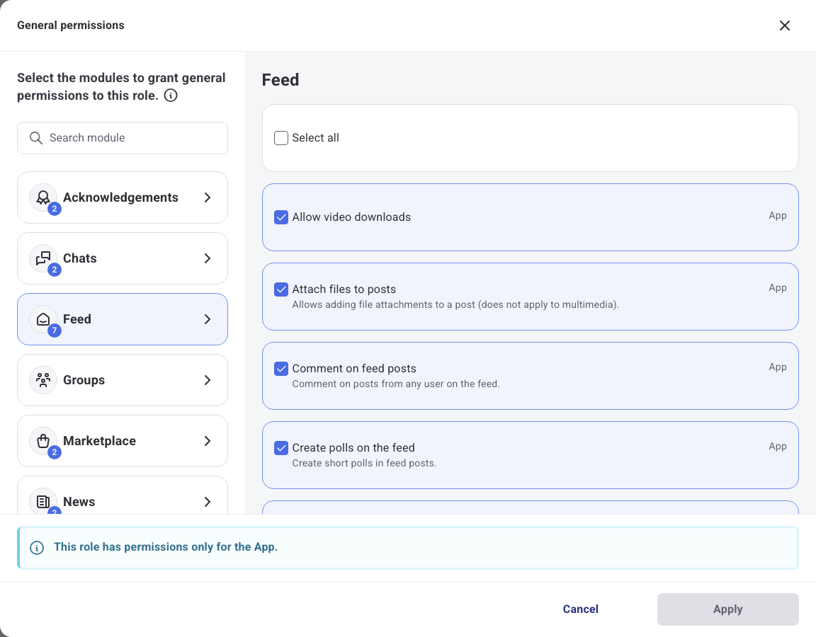 General permissions of the Feed module with Attach files to posts checked