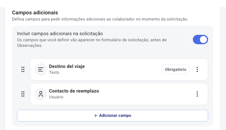 Seção Campos adicionais com dois campos criados