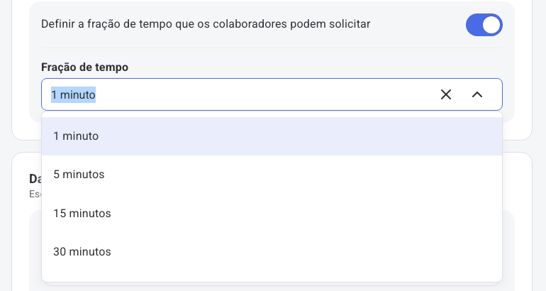 Opção Definir a fração de tempo ativada com a lista de frações disponíveis