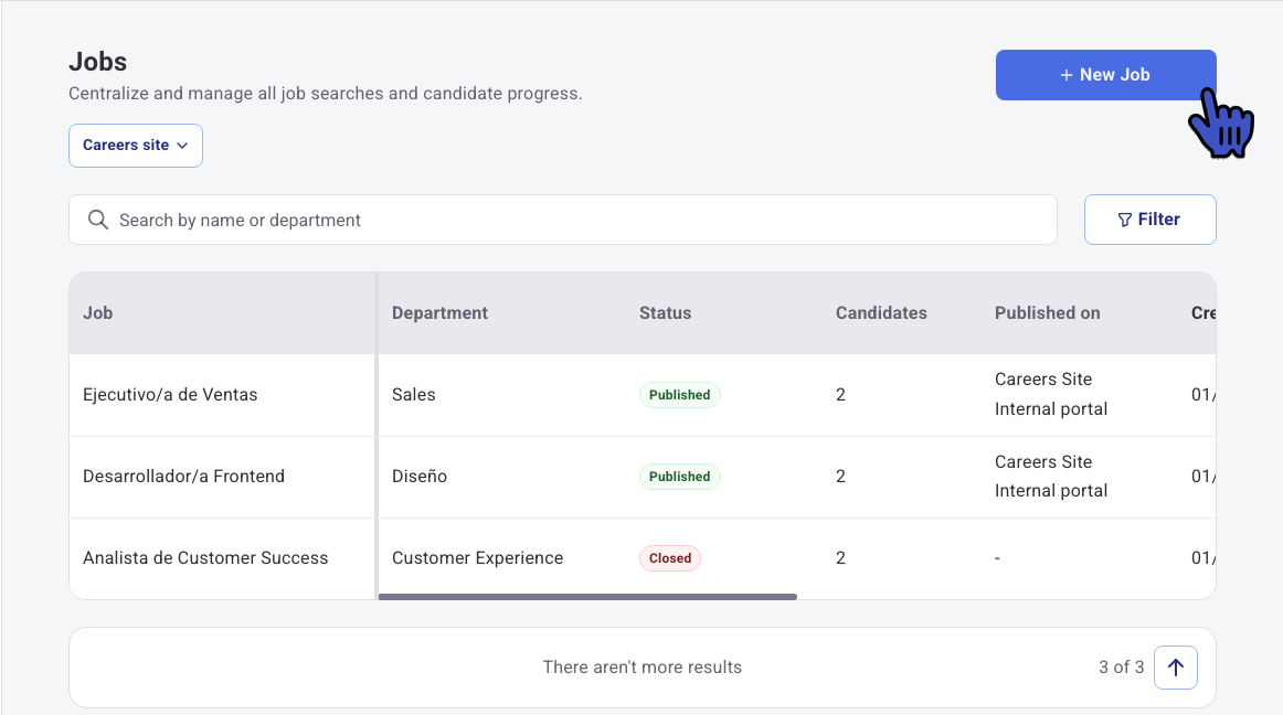 Recruitment Jobs list with the New Job button