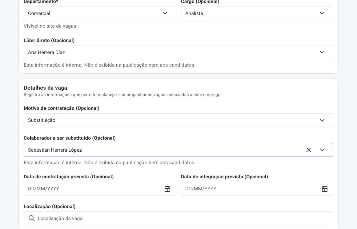 Formulário Novo emprego com departamento, cargo, líder direto, motivo Substituição e colaborador a ser substituído