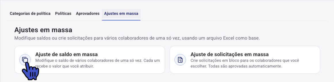 Aba Ajustes em massa com a opção Ajuste de saldo em massa