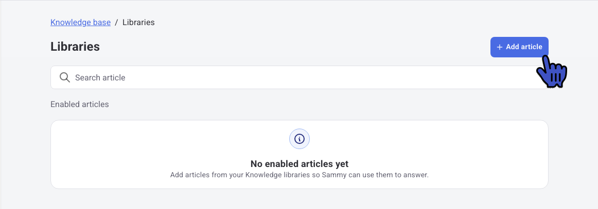 Libraries screen with no enabled articles and the Add article button