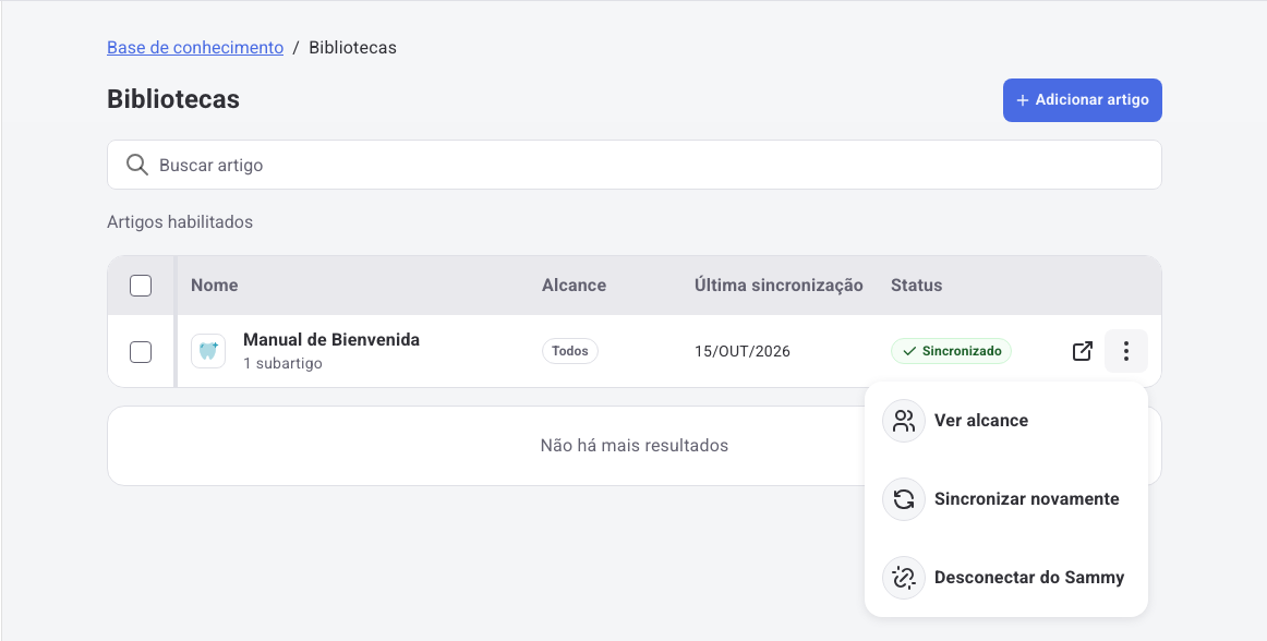 Menu do artigo com as opções Ver alcance, Sincronizar novamente e Desconectar do Sammy