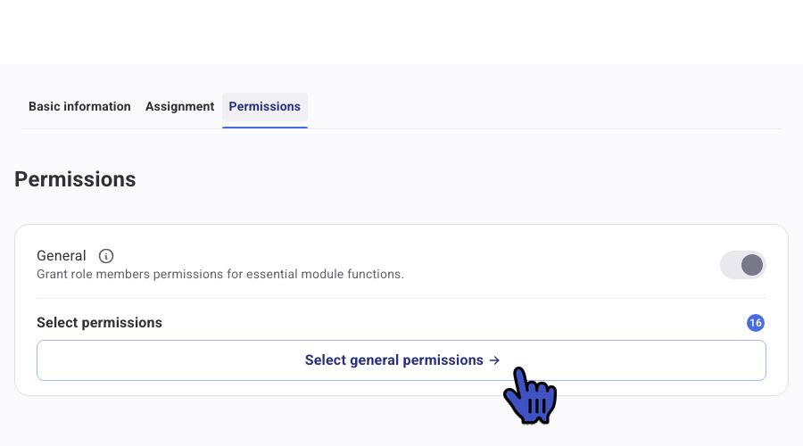 Role Permissions tab with the Select general permissions button