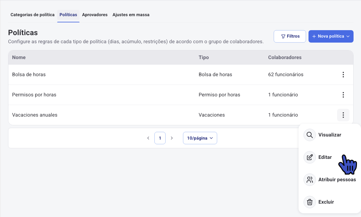 Lista de Políticas com o menu da política aberto e a opção Editar