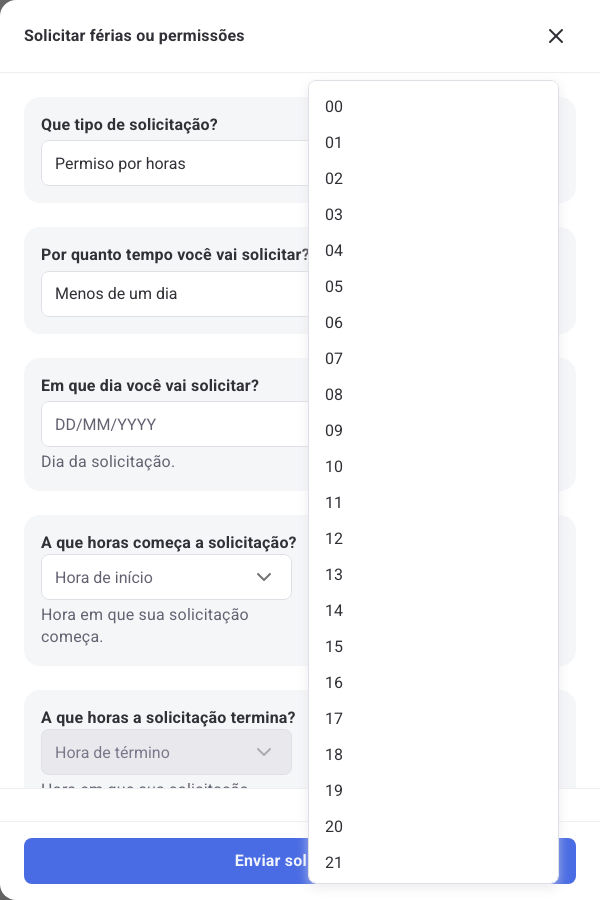 Seletor de minutos do formulário de solicitação com todos os minutos de 00 a 59