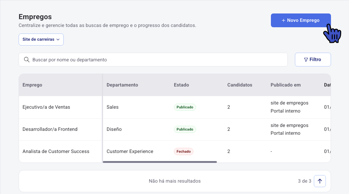 Lista de Empregos do Recrutamento com o botão Novo Emprego