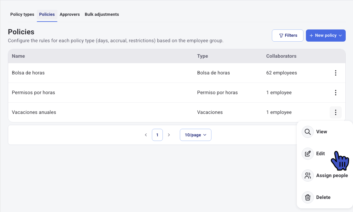Policies list with the policy menu open and the Edit option