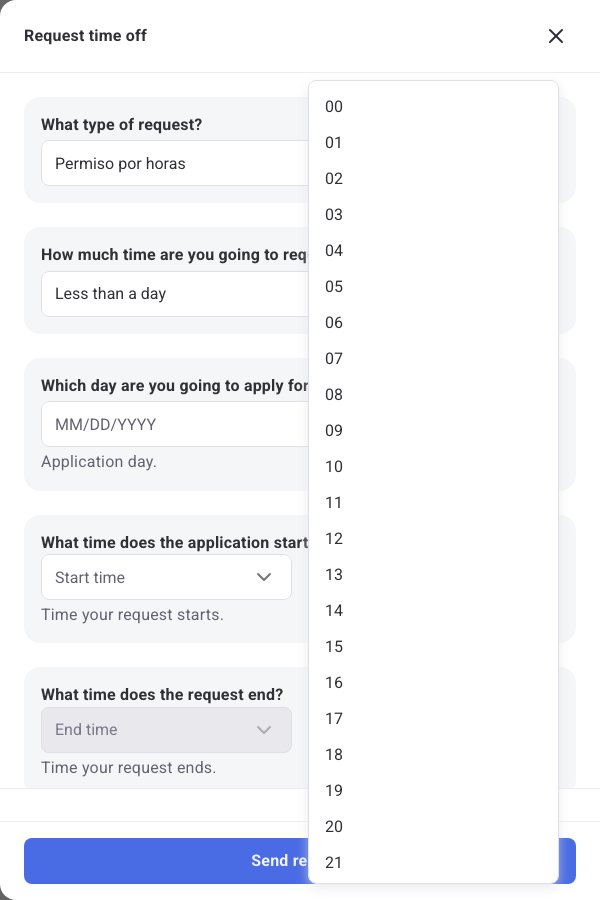 Minute selector on the request form with every minute from 00 to 59
