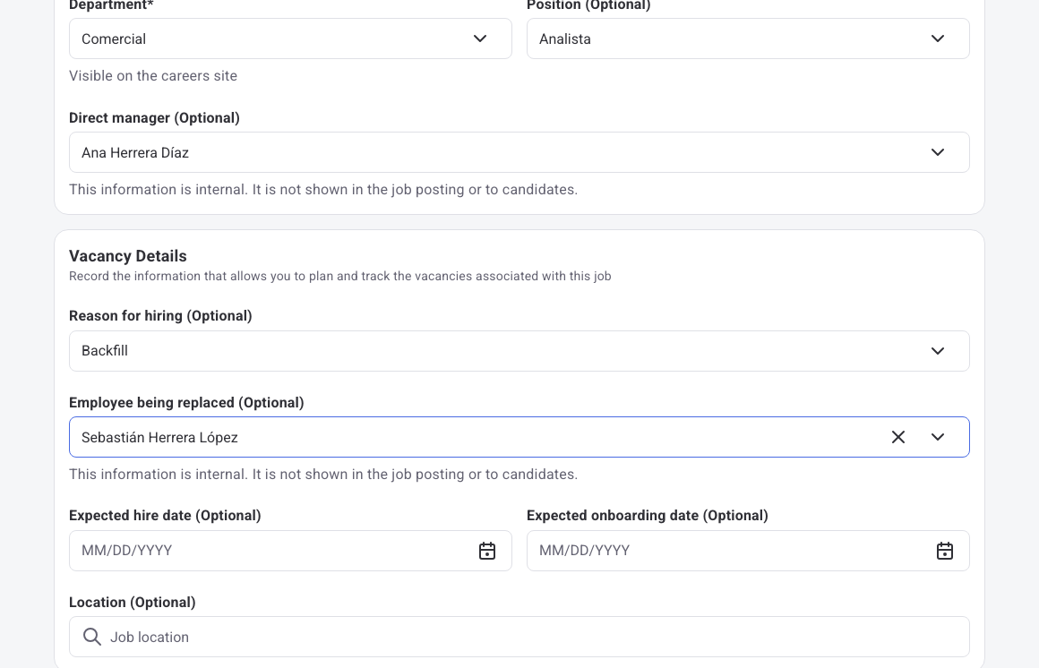 New job form with department, position, direct manager, Backfill reason and employee being replaced