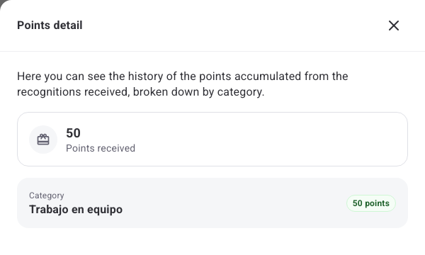 Points detail panel with 50 points received in one category