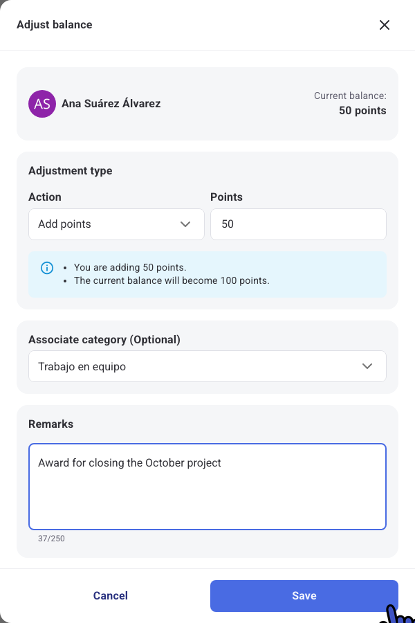Adjust balance panel with the Add points action, 50 points and an associated category