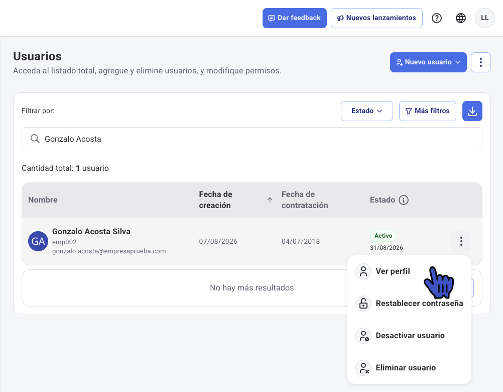 Listado de Usuarios con el menú de un colaborador abierto y la opción Ver perfil