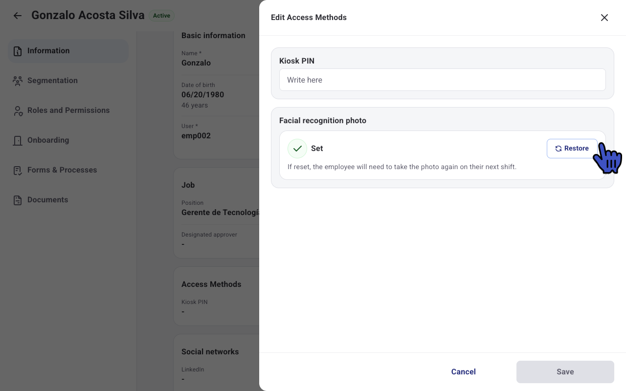 Edit Access Methods panel with the Restore button for the Facial recognition photo