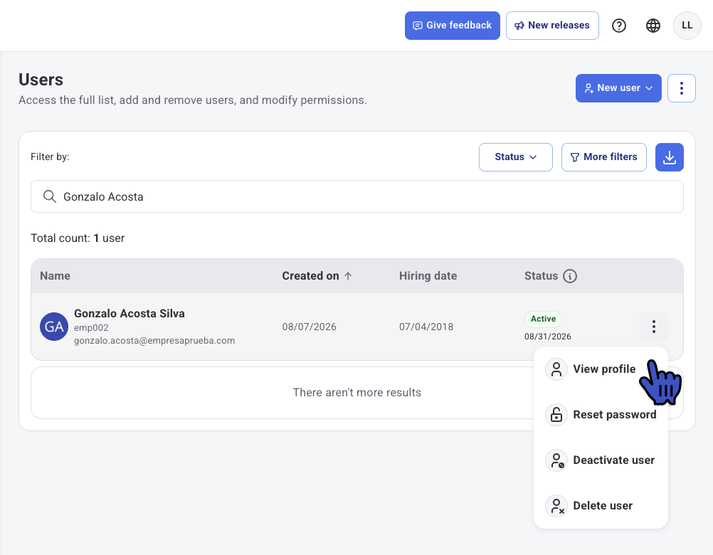 Users list with a collaborator's menu open and the View profile option
