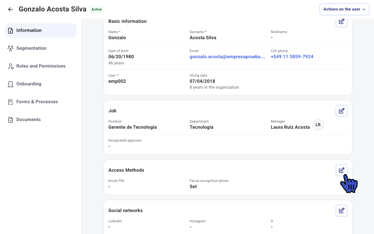 Access Methods card on the profile with the Facial recognition photo in Set status