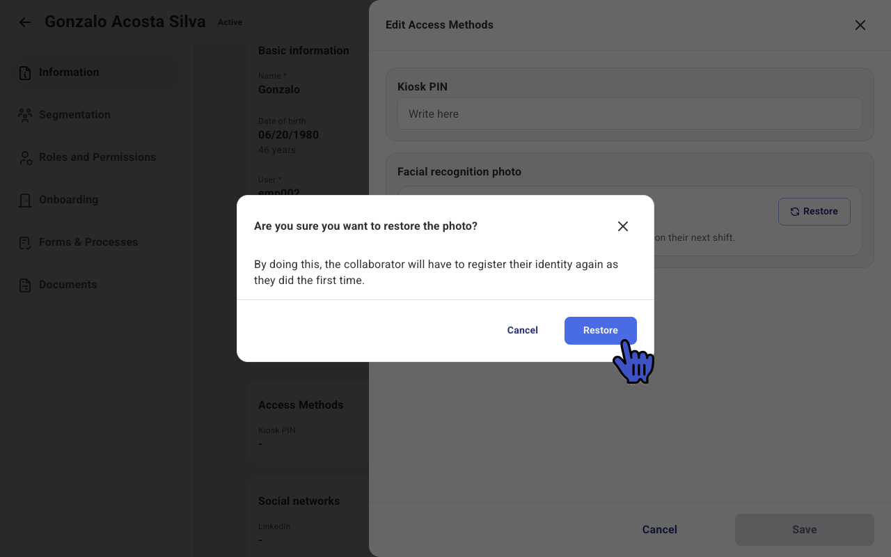 Confirmation window to restore the facial recognition photo