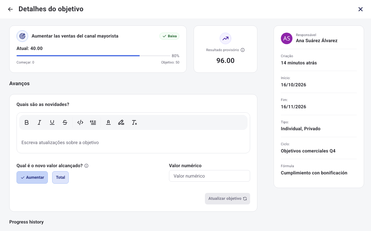 Detalhes do objetivo com progresso de 80%, painel Resultado provisório com 96.00 e o campo Fórmula no painel lateral