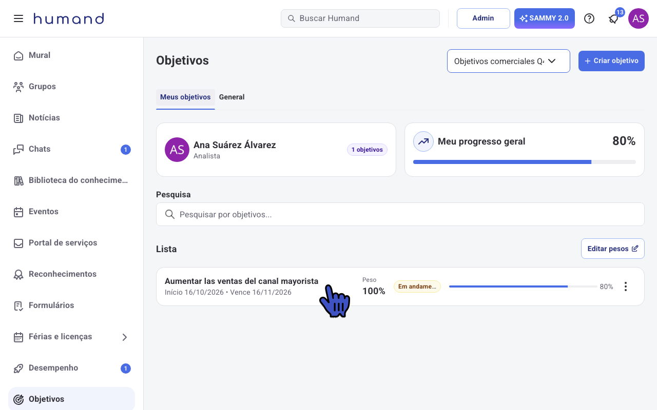 Lista de Meus objetivos com o ciclo Objetivos comerciales Q4 selecionado e o cursor sobre um objetivo