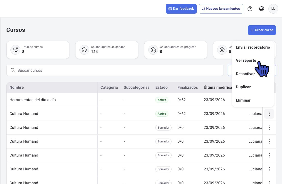 Listado de Cursos con el menú de acciones abierto y la opción Ver reporte señalada