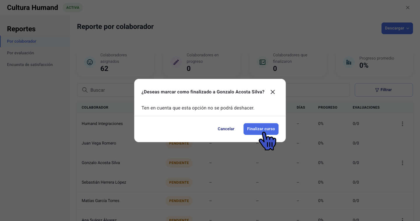 Modal de confirmación para marcar como finalizado a un colaborador, con el botón Finalizar curso