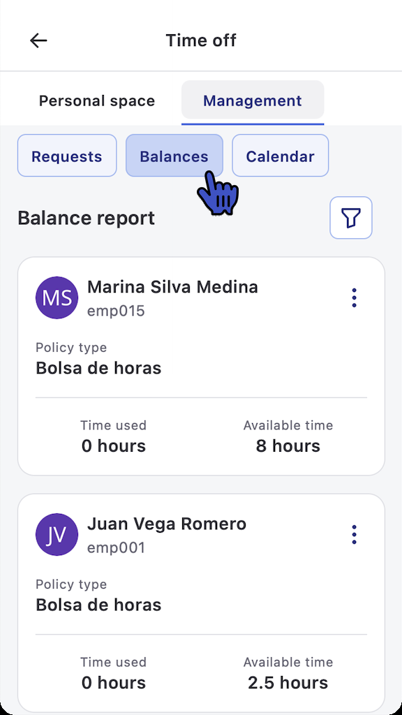 Balance report in Humand App with the Balances tab highlighted