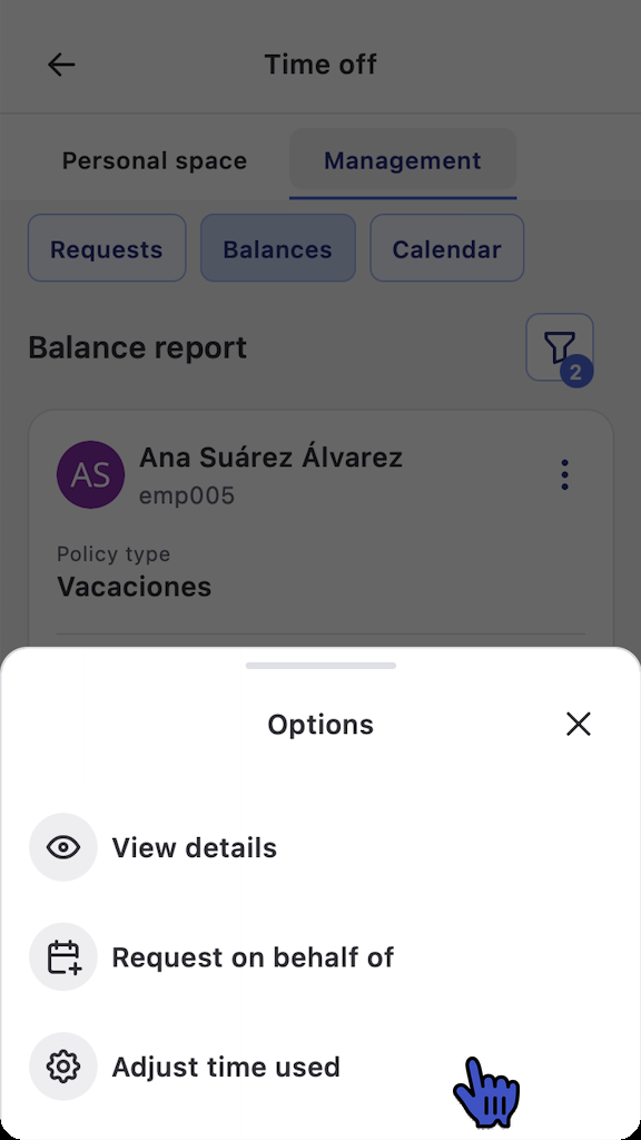 Options menu of a balance card with the Adjust time used option highlighted