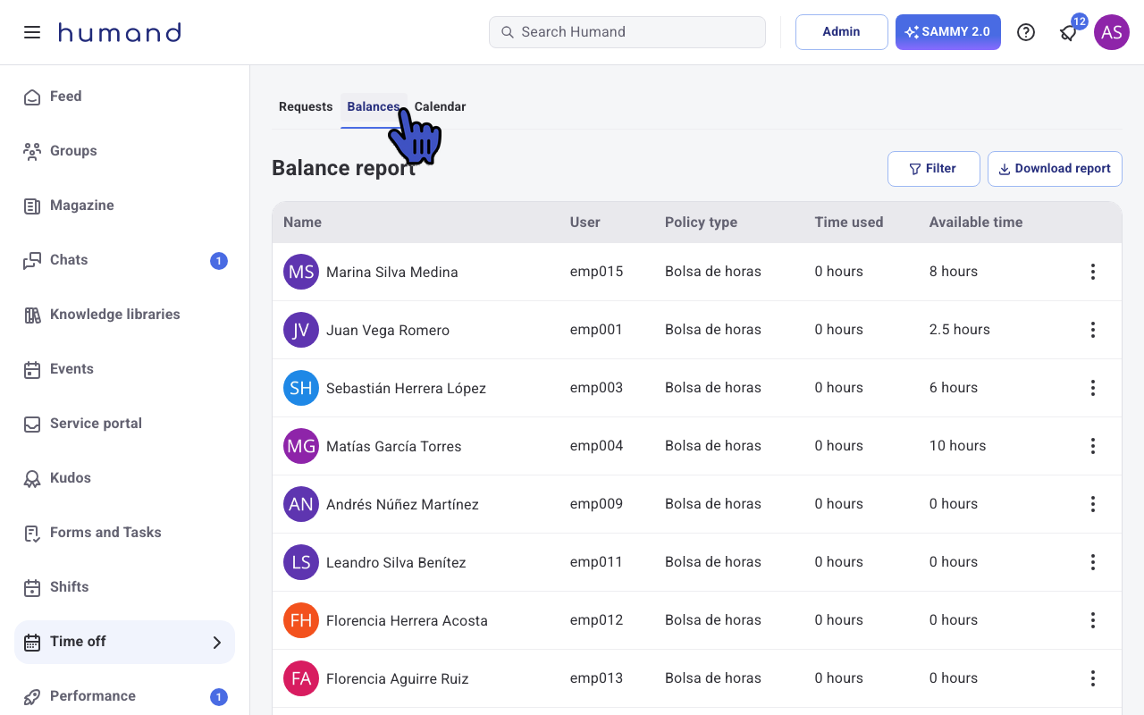 Balance report in Humand Web with the Balances tab highlighted