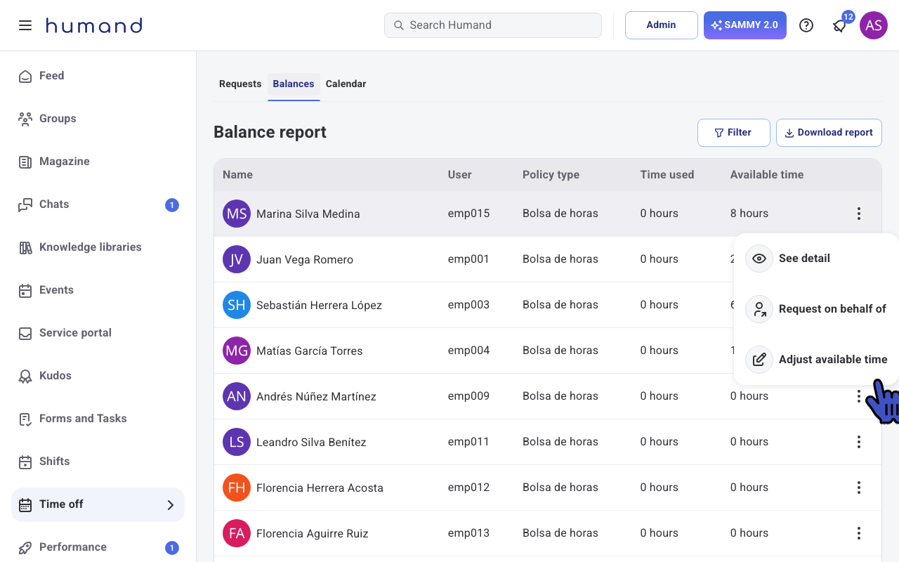 Actions menu of a balance report row with the Adjust available time option highlighted