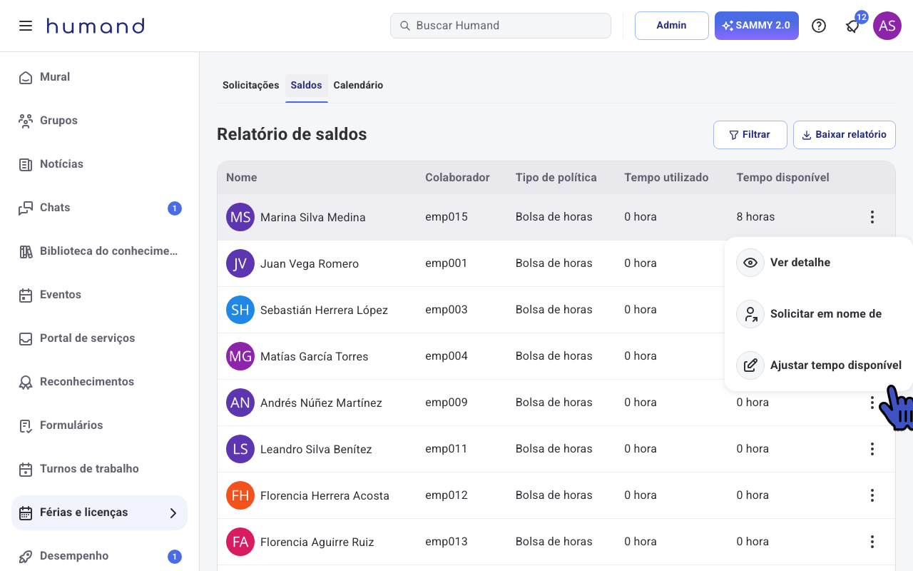 Menu de ações de uma linha do relatório de saldos com a opção Ajustar tempo disponível destacada